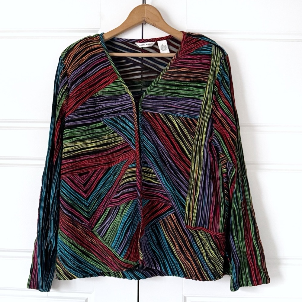 Vintage Laura Ashley Artsy Rainbow Blazer Large Black Mesh 80s Eclectic Colorful